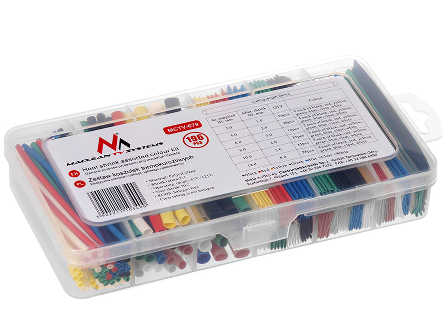 Set med Maclean krympslangar, 7 färger, längd 95mm, bredd, 2mm, 4mm, 6mm, 8mm, 10mm, 12mm, 196 st, MCTV-679