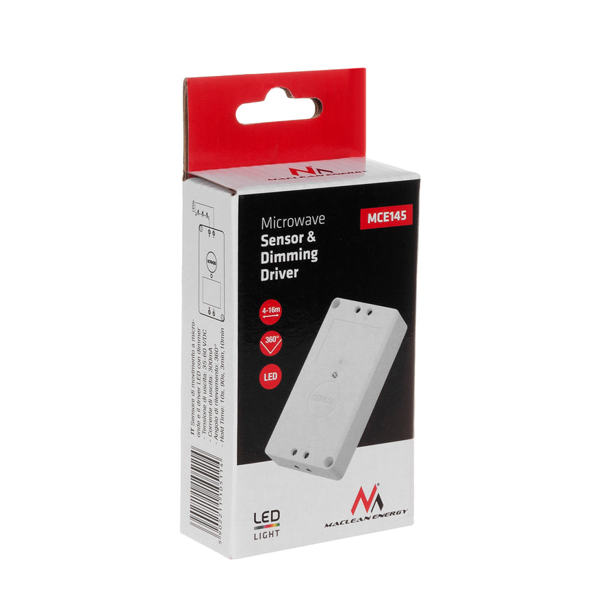 Maclean mikrovågsrörelsedetektor, Led strömförsörjning med dimmer, Räckvidd 2m-8m, MCE145 W