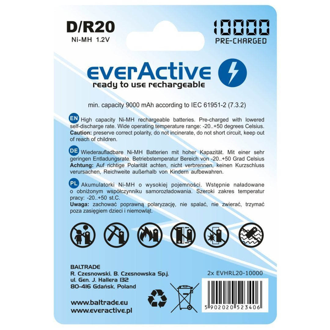 Laddningsbart batteri 2x R20 D 10000mAh laddning everActive Professional