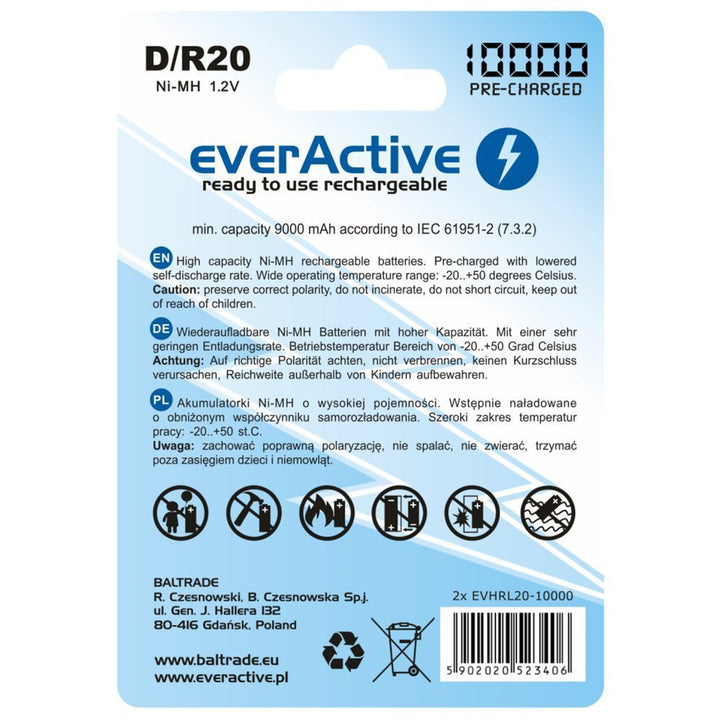 Laddningsbart batteri 2x R20 D 10000mAh laddning everActive Professional