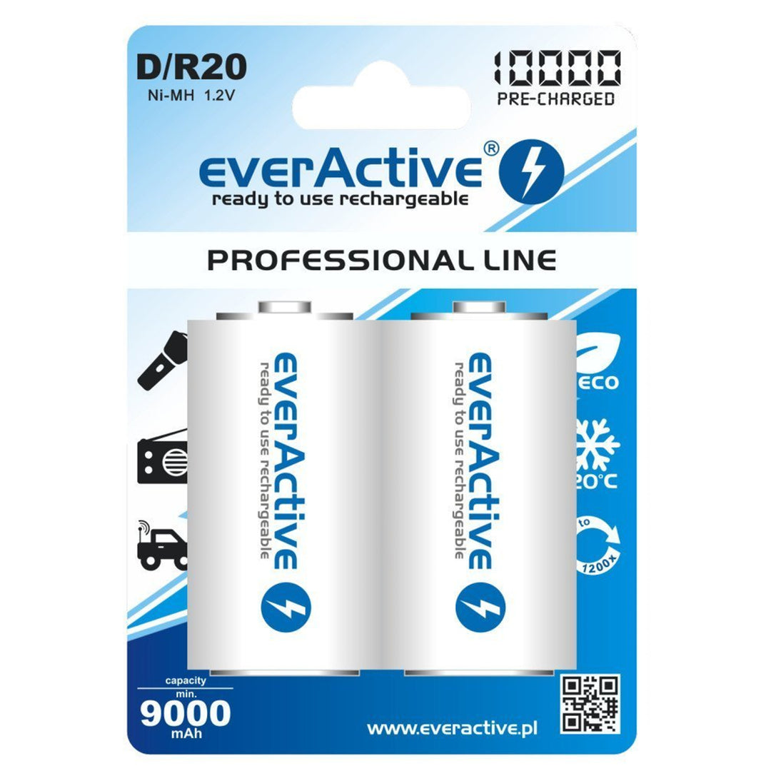 Laddningsbart batteri 2x R20 D 10000mAh laddning everActive Professional