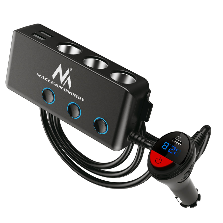 Delare för cigarettändaruttag i bilen, voltmeter, 3 cigarettändaruttag, 1xQuick Charge 3.0, 2xUSB-A, 2xUSB-C, Maclean MCE218, max 120 W