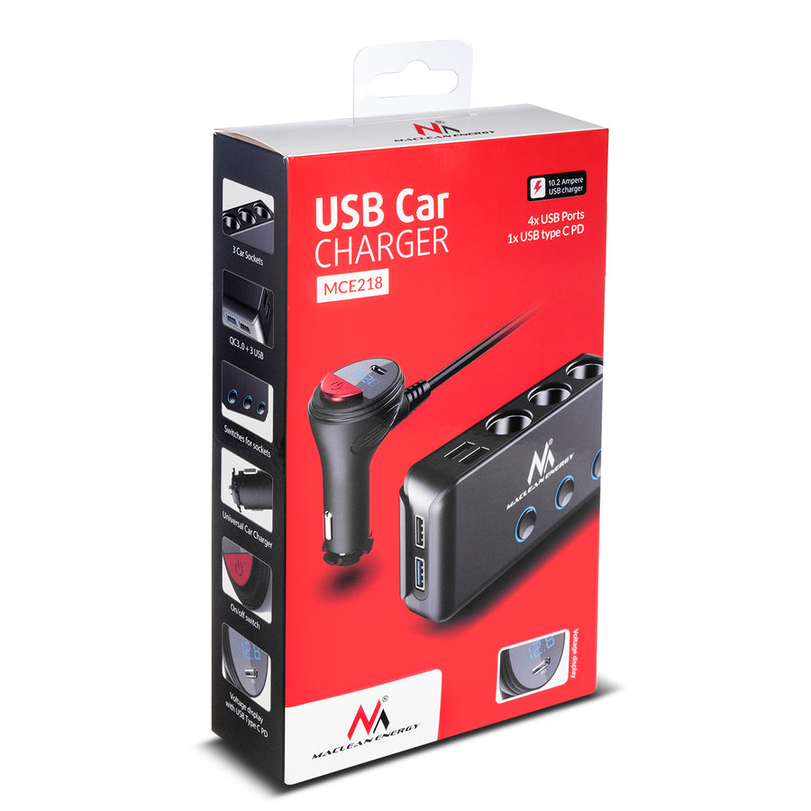 Delare för cigarettändaruttag i bilen, voltmeter, 3 cigarettändaruttag, 1xQuick Charge 3.0, 2xUSB-A, 2xUSB-C, Maclean MCE218, max 120 W