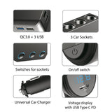 Delare för cigarettändaruttag i bilen, voltmeter, 3 cigarettändaruttag, 1xQuick Charge 3.0, 2xUSB-A, 2xUSB-C, Maclean MCE218, max 120 W