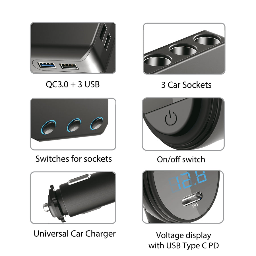 Delare för cigarettändaruttag i bilen, voltmeter, 3 cigarettändaruttag, 1xQuick Charge 3.0, 2xUSB-A, 2xUSB-C, Maclean MCE218, max 120 W