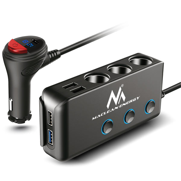 Delare för cigarettändaruttag i bilen, voltmeter, 3 cigarettändaruttag, 1xQuick Charge 3.0, 2xUSB-A, 2xUSB-C, Maclean MCE218, max 120 W