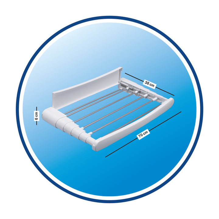 Torkställ av aluminium och harts, 5 meter hängande utrymme, 2 par väggfästen ingår, öppna mått 70 x 38 x 8 cm, vit färg