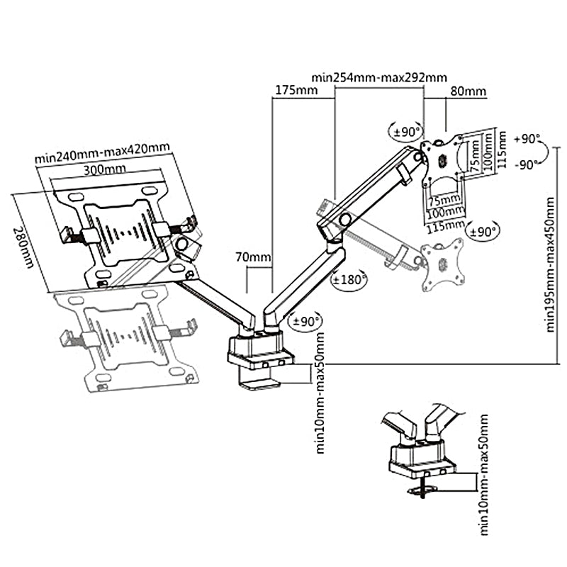 Maclean MC-813 Dual Desk Mount för en skärm och en bärbar dator 17 "-32" 2x8kg VESA 75x75, 100x100