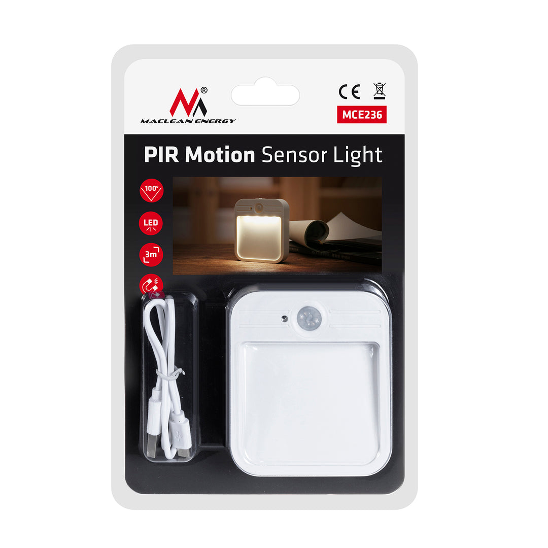 Maclean MCE236 LED-lampa med skymningssensor Trapplampa Magnetkrok Räckvidd 3-4m Batteri 3.7V / 500mAh, 4 LED