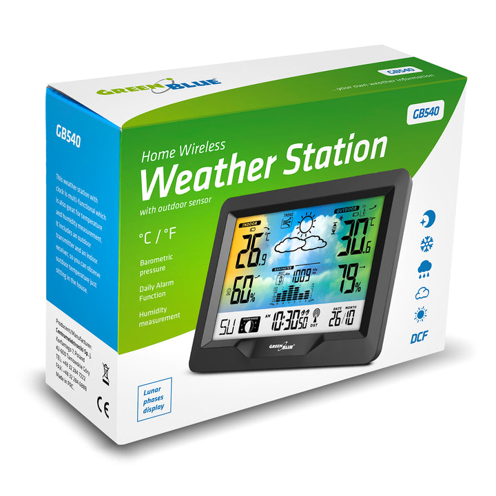 Trådlös färgväderstation med DCB GreenBlue GB540-system, månfas, barometer, kalender