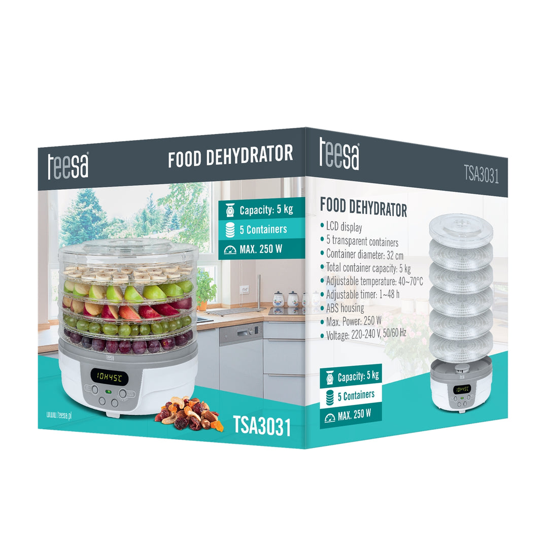 Teesa TSA3031 Elektrisk matdehydrator Svamp Frukttorkare 5 fack LED-display Timer 250W