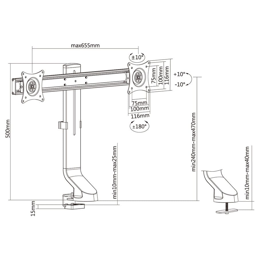 Maclean MC-854 Hållare för två bildskärmar / dubbel 17 "-27" 14 kg VESA 75x75 100x100 passar MC-848 och MC-849