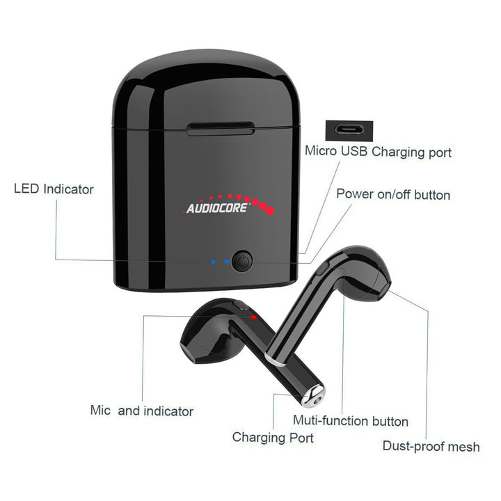 Audiocore AC520 trådlös Bluetooth 5.0 dubbel hörlurar + dockningsstation med Power Bank-fodral svart