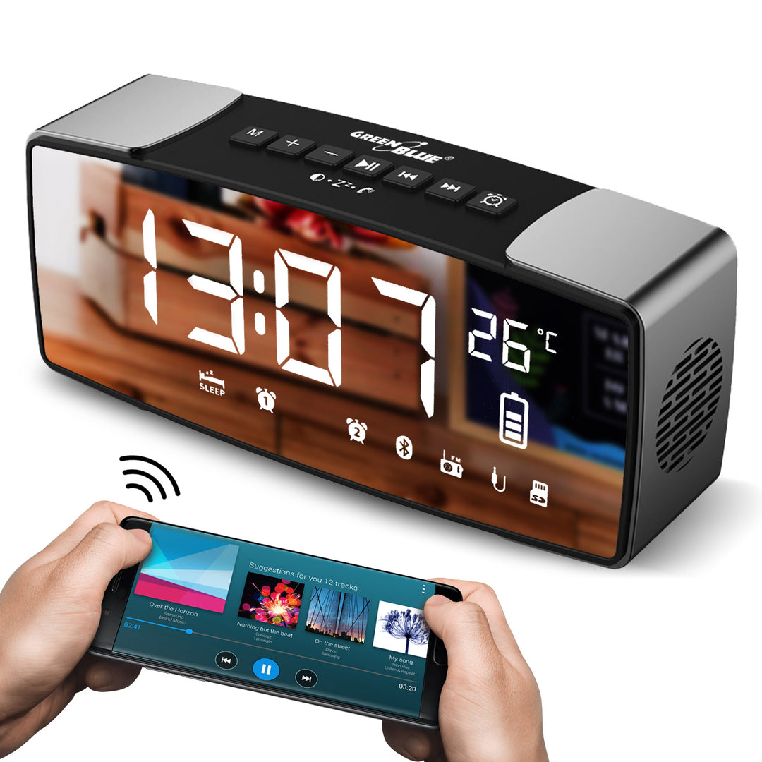 Bluetooth 4.2 klockradio, FM, aux-in, 6W, temperatur, väckarklocka, klocka, GreenBlue GB200 2200 mAh-batteri