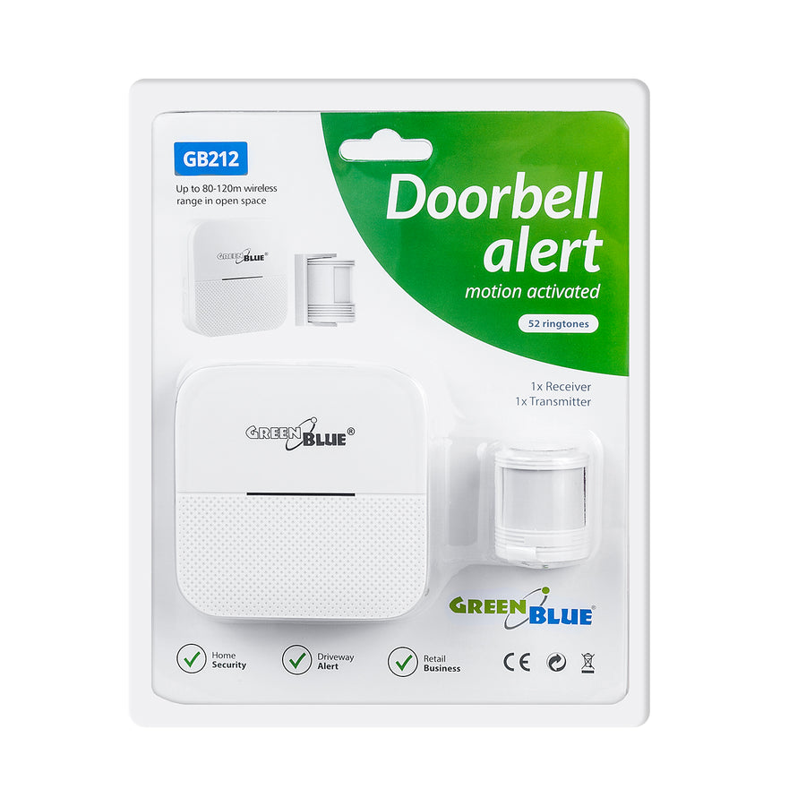 Trådlös dörrsignal, rörelsesensor med 52 melodier, vit, GreenBlue GB212, 230 V, max 58 sensorer