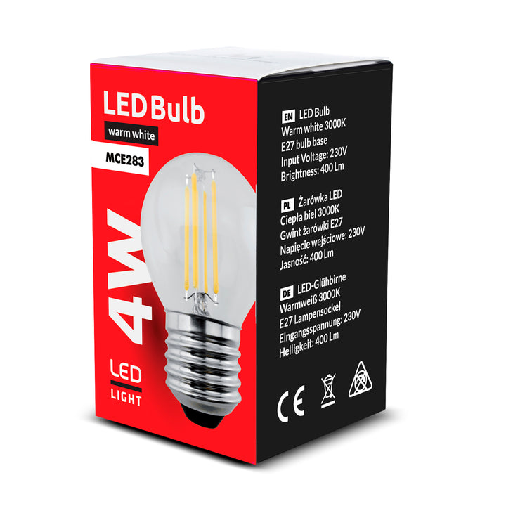 LED -glödlampa E27, 4W 230V Maclean Energy MCE283 WW varmvit 3000K 400lm retro edison dekorativ G45