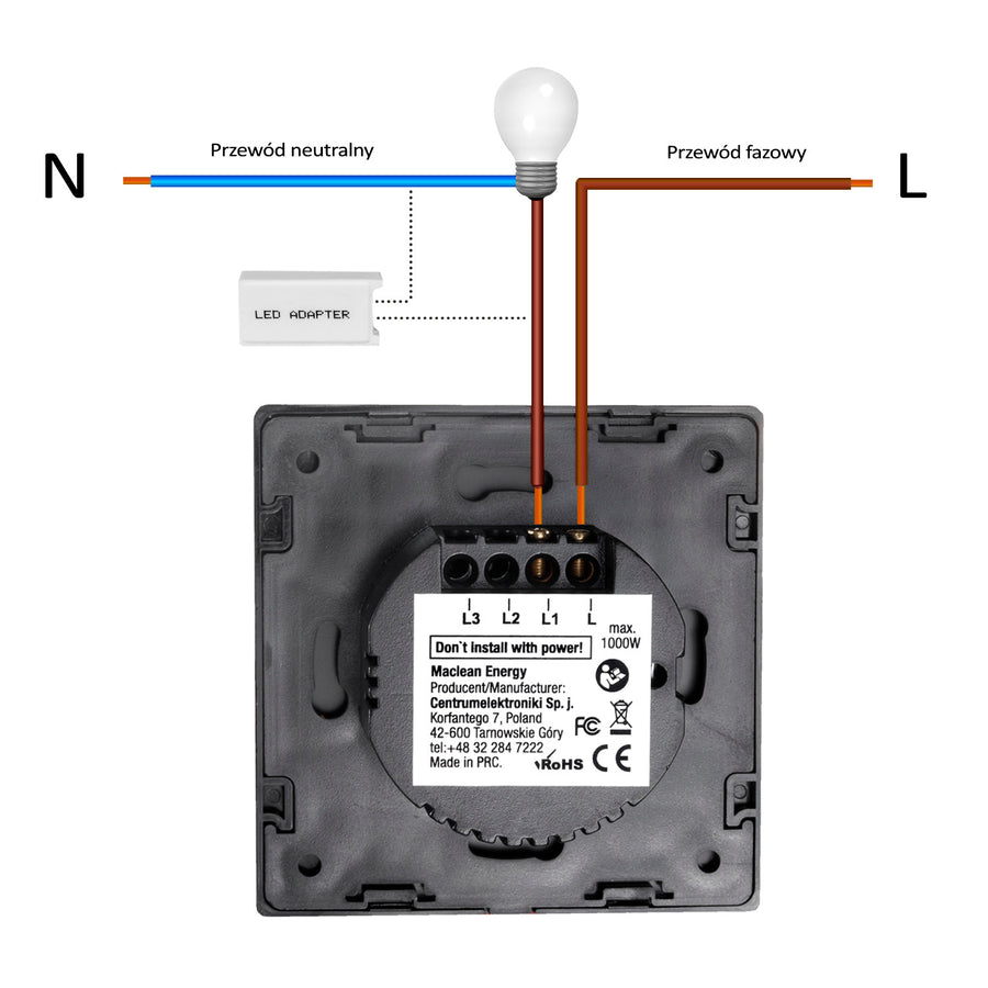 Maclean Energy MCE701B Touch-ljusbrytare, enkel, glas, svart med fyrkantig knapp mått 86x86mm, med knappbelysning