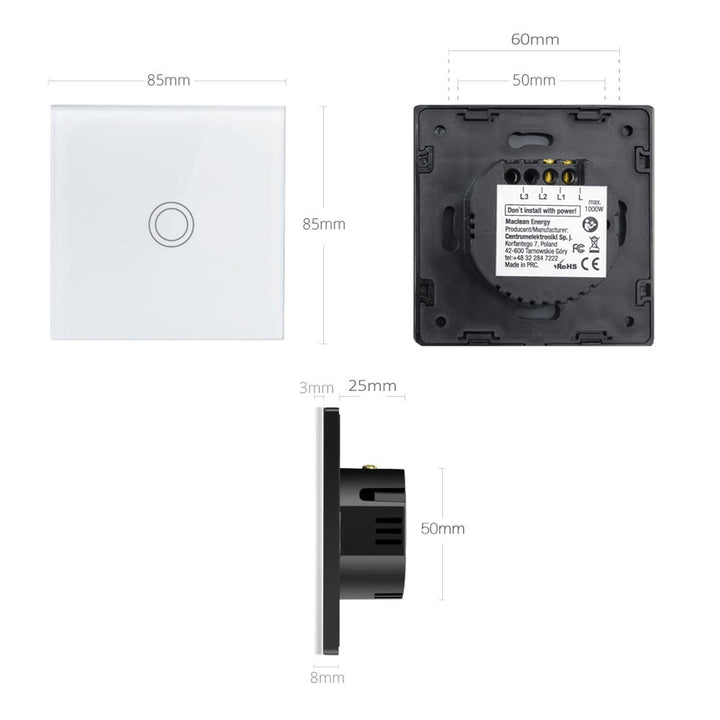 Maclean Energy MCE702W Touch-ljusbrytare, enkel, glas, vit med rund knapp, mått 86x86mm, med knappbelysning