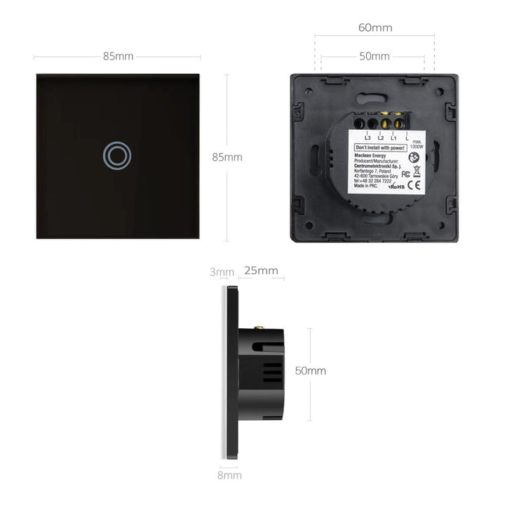 Maclean Energy MCE702B Touch-ljusbrytare, enkel, glas, svart med rund knapp, mått 86x86mm, med knappbelysning