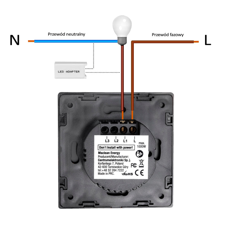 Maclean Energy MCE702B Touch-ljusbrytare, enkel, glas, svart med rund knapp, mått 86x86mm, med knappbelysning