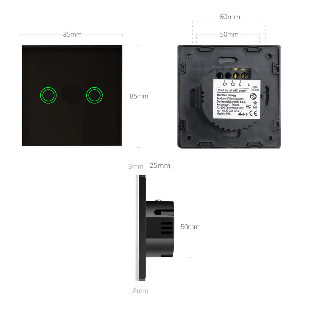 Peklampa, dubbel, glas, svart med rund knapp Maclean Energy MCE704B, mått 86x86mm, med knappbelysning