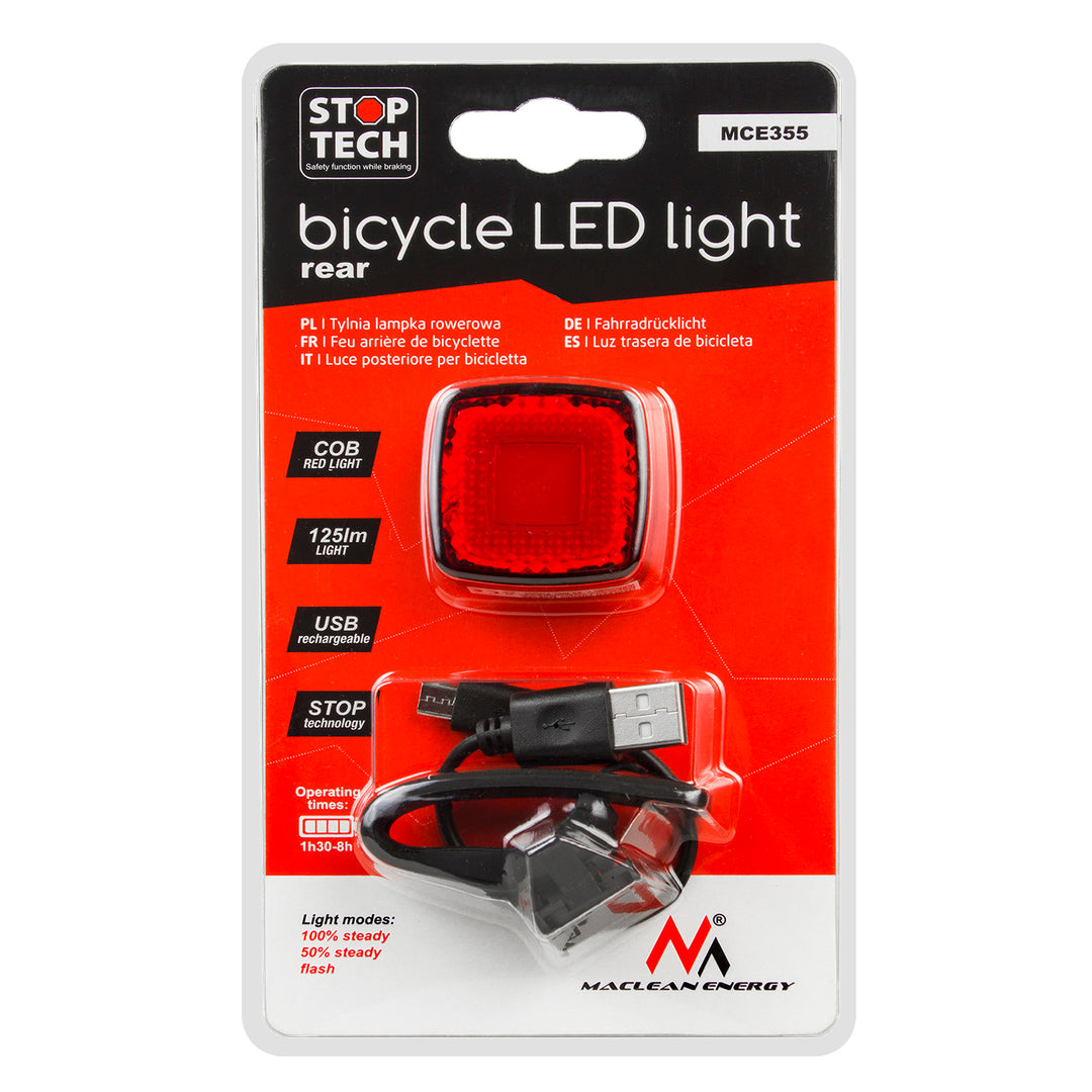 Maclean MCE355 Bike Bakljus Bakljus COB LED-ljus 125 lumen USB uppladdningsbart batteri 3 blinkande lägen IP44 Vattentät