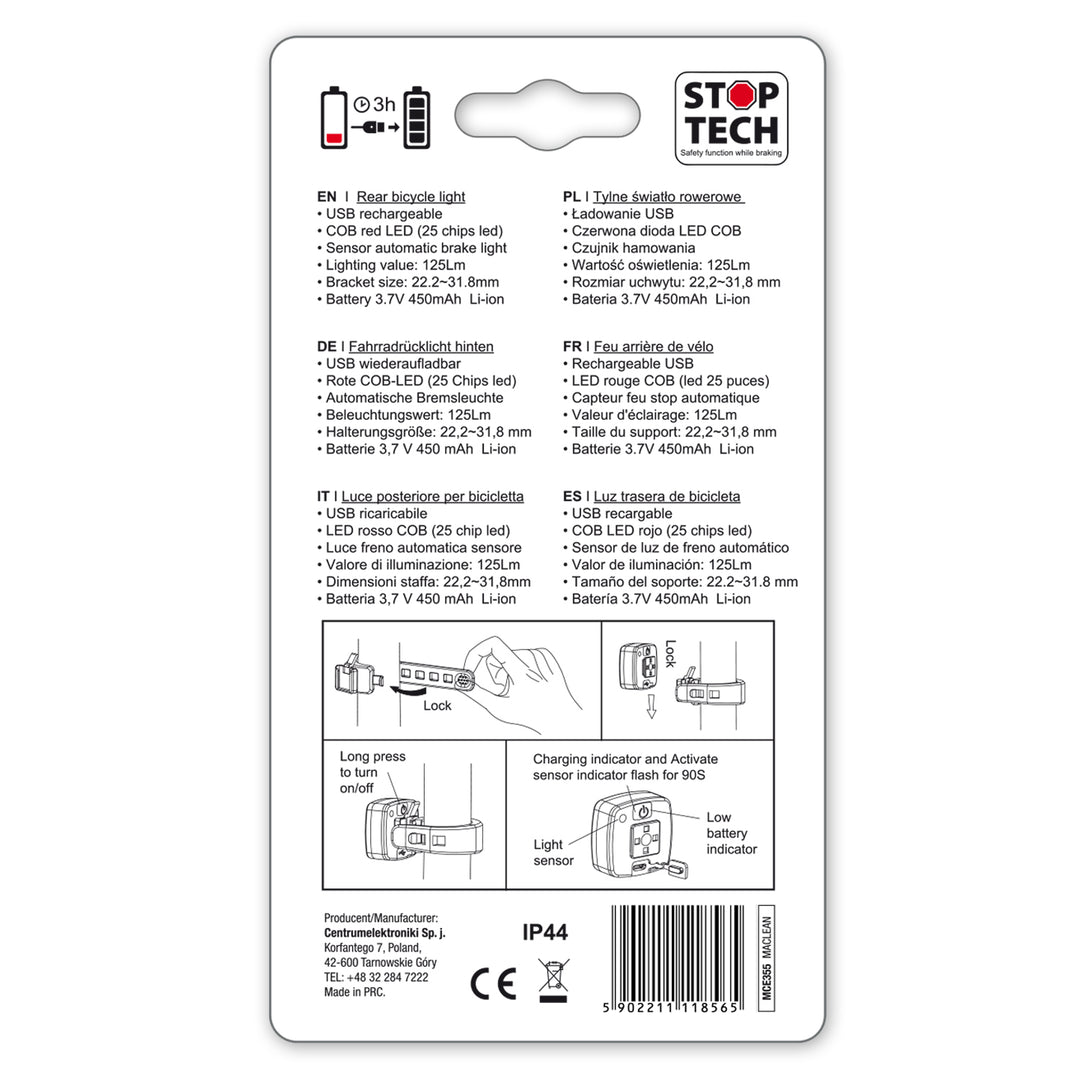 Maclean MCE355 Bike Bakljus Bakljus COB LED-ljus 125 lumen USB uppladdningsbart batteri 3 blinkande lägen IP44 Vattentät