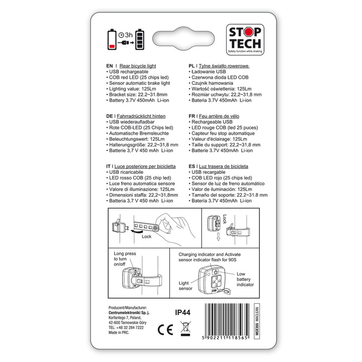 Maclean MCE355 Bike Bakljus Bakljus COB LED-ljus 125 lumen USB uppladdningsbart batteri 3 blinkande lägen IP44 Vattentät