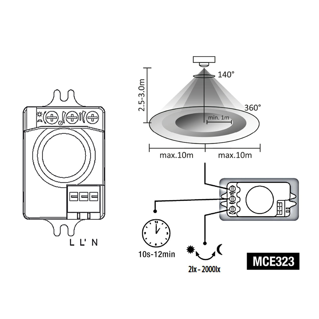 Maclean Energy MCE323 Mikrovågsrörelsesensor med justerbar ljusintensitetsnivå, belysningstid och känslighet / arbetsområde