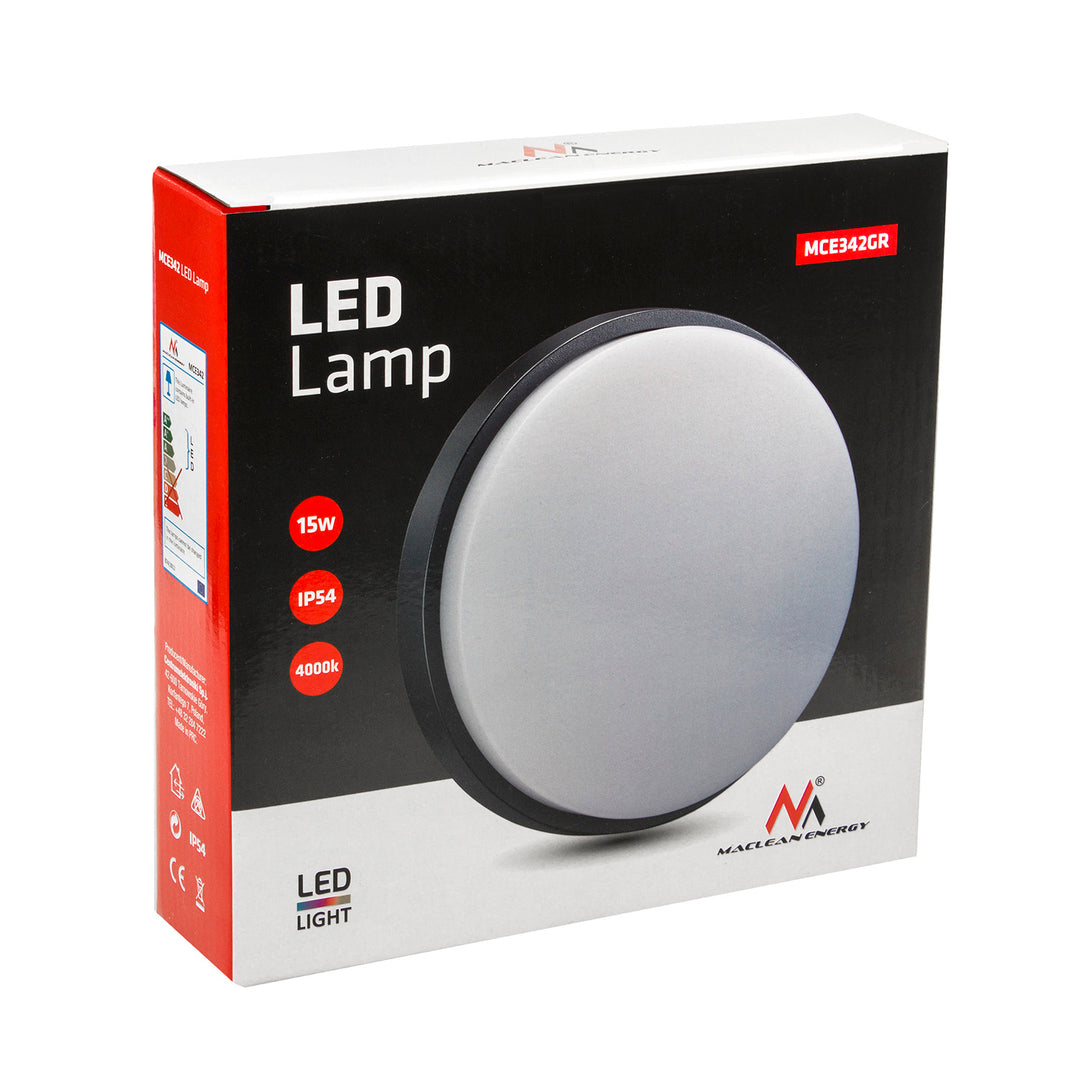 Maclean Energy MCE342 GR LED vägg- och taklampa 1100lm 15W IP54 grå, naturvit (4000K)