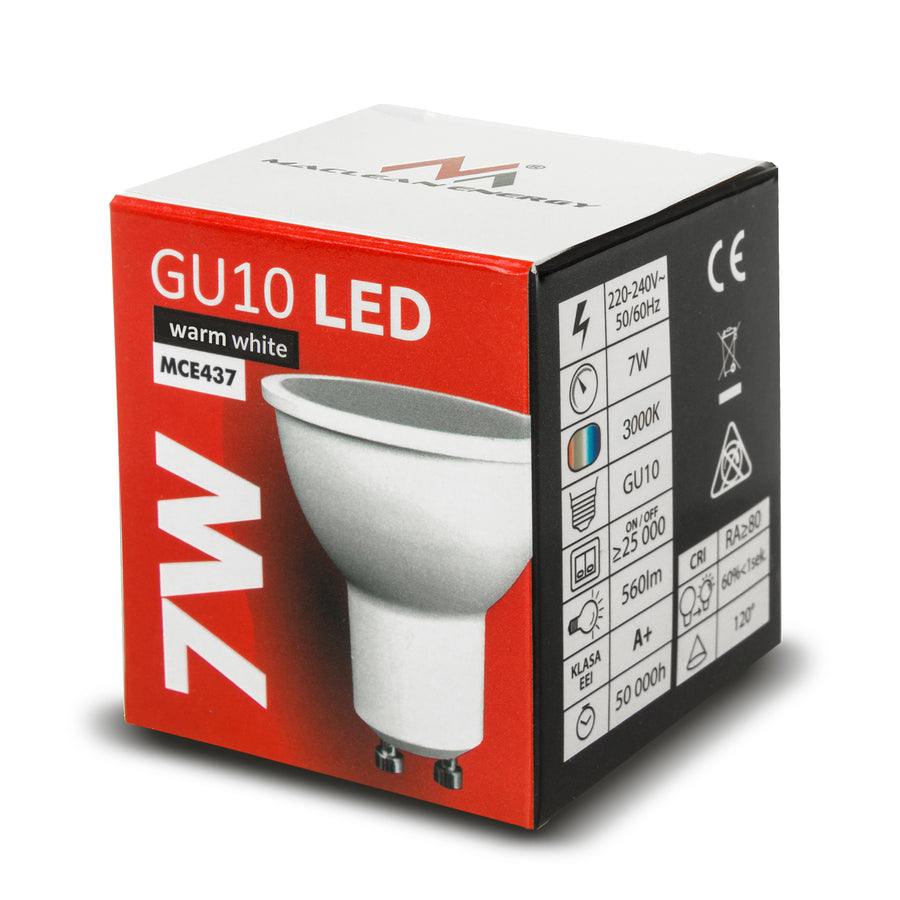 LED-lampa GU10 7W Maclean Energy MCE437 WW varmvitt 3000K, 220-240V~, 50/60Hz, 490 lumen