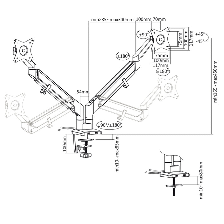 Ergo Office skrivbordsfäste dubbelarm matt svart, med gasfjäder, 17"-32", 9kg, 2x USB 3.0, ER-406B