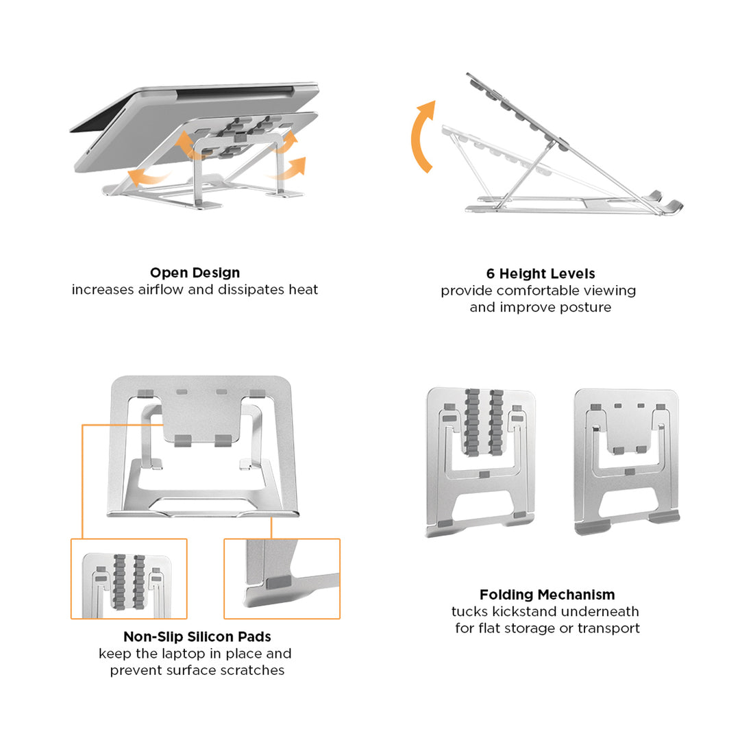 Ergo Office ER-416 Hopfällbart Bärbar Datorstativ I Aluminium För 11-15'' Bärbara Datorer  6 Nivåer Av Höjdjustering Bärbart Halkfritt fäste Ultratunnt (Silver)