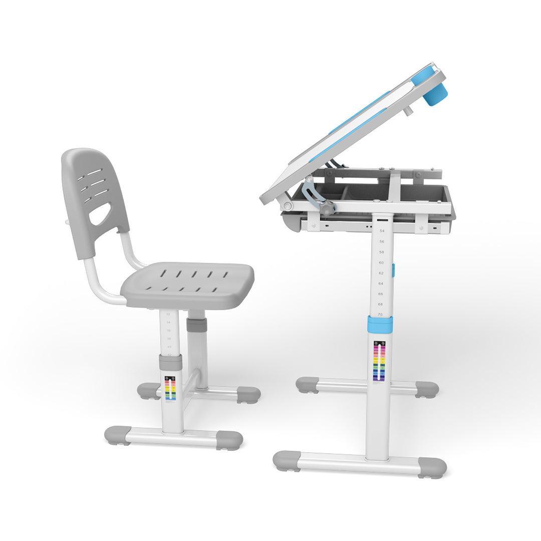 Ergonomiskt barnskrivbord med manuell höjdjustering och Ergo Office-stol, blå, max 75 kg, ER-418