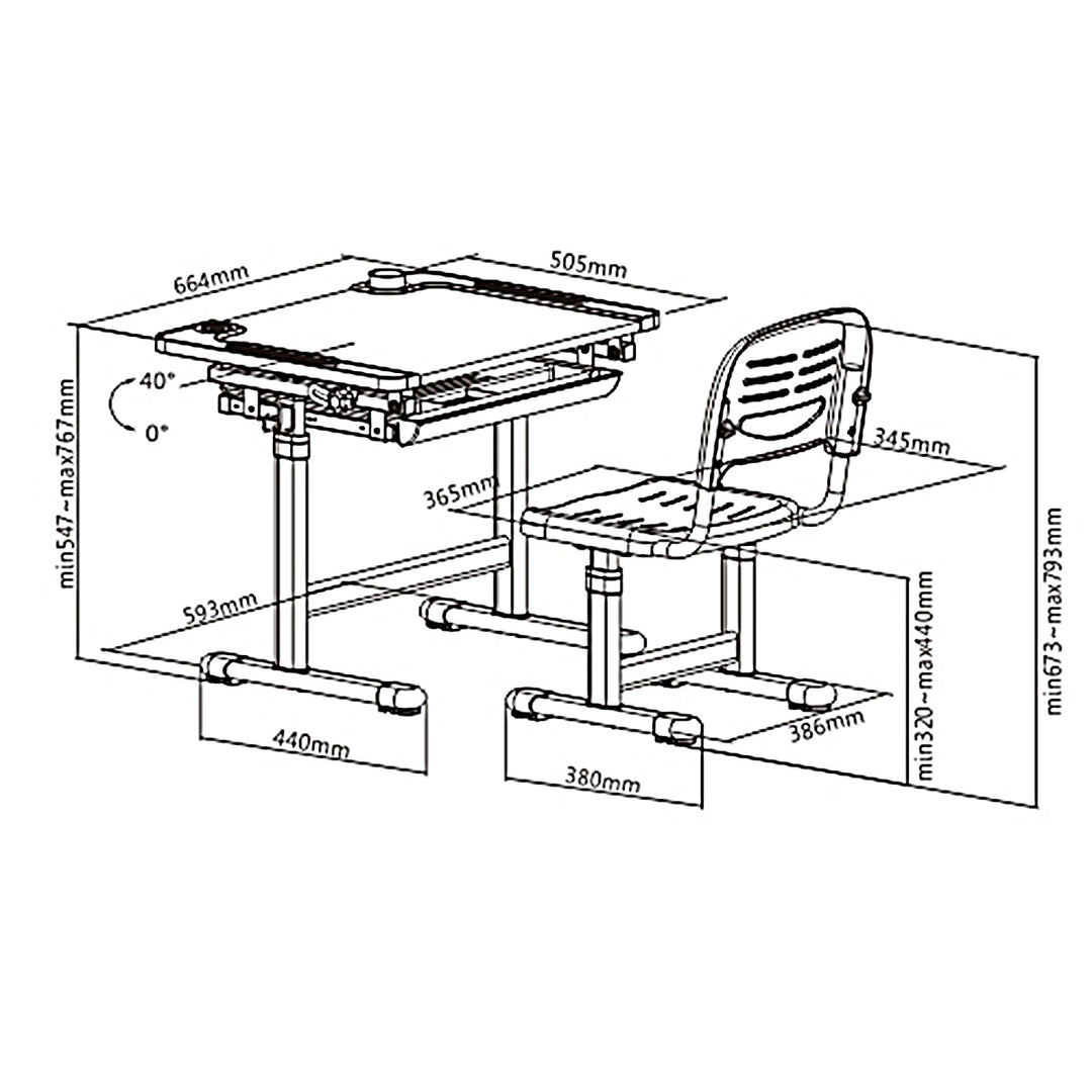 Ergonomiskt barnskrivbord med manuell höjdjustering och Ergo Office-stol, blå, max 75 kg, ER-418