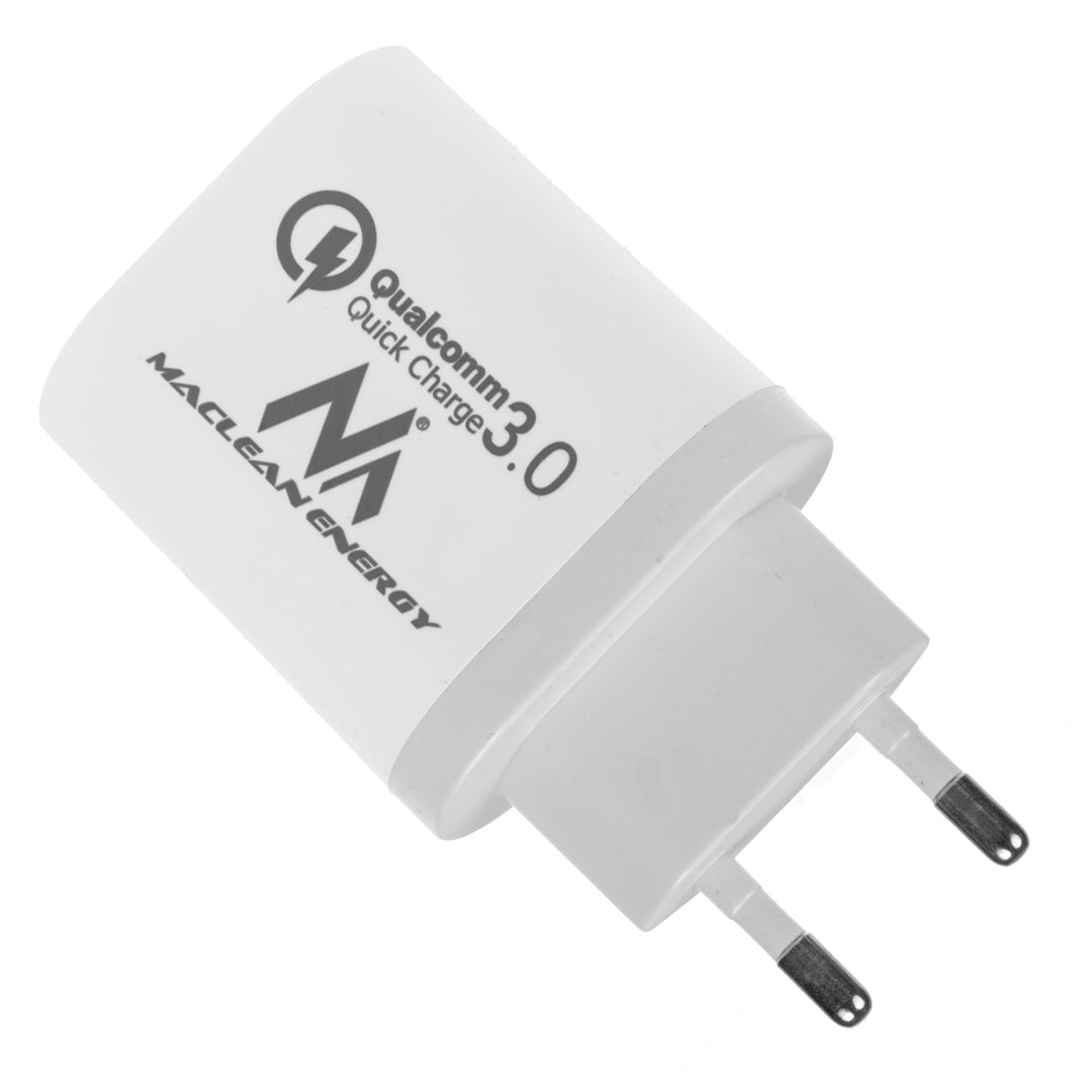 1xQC 3.0 Maclean Energy MCE479 W laddare - vit Qualcomm Quick Charge QC 3.0 - 3.6-6VV / 3A, 6-9V / 2A, 9-12V / 1.5A och 2 uttag 5V / 2.1A