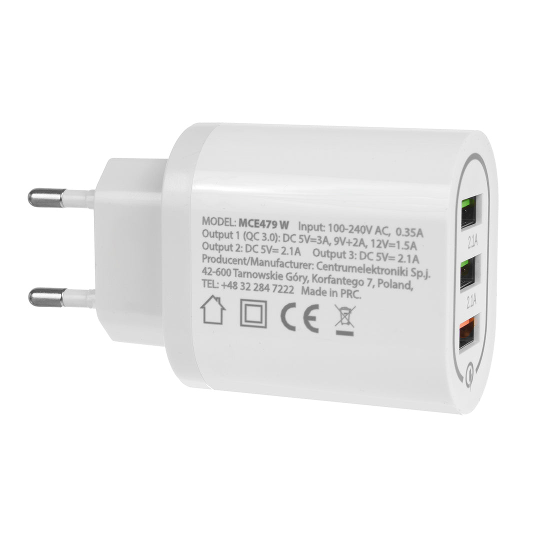 1xQC 3.0 Maclean Energy MCE479 W laddare - vit Qualcomm Quick Charge QC 3.0 - 3.6-6VV / 3A, 6-9V / 2A, 9-12V / 1.5A och 2 uttag 5V ​​/ 2.1A