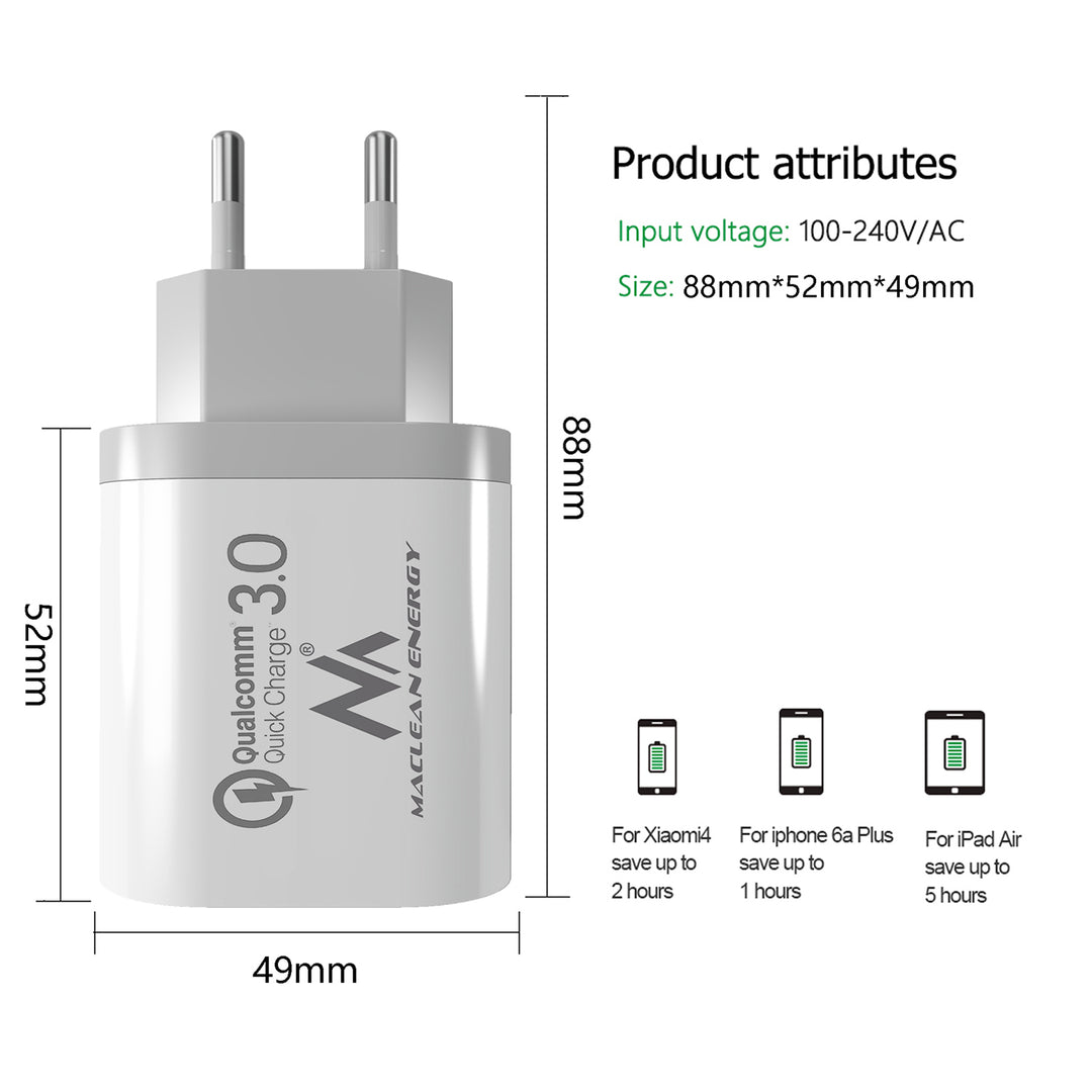 1xQC 3.0 Maclean Energy MCE479 W laddare - vit Qualcomm Quick Charge QC 3.0 - 3.6-6VV / 3A, 6-9V / 2A, 9-12V / 1.5A och 2 uttag 5V ​​/ 2.1A