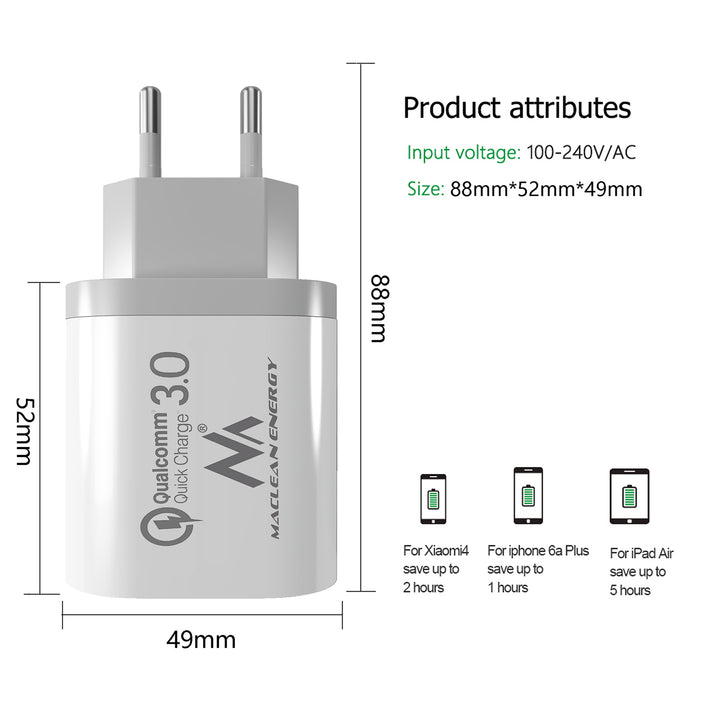 1xQC 3.0 Maclean Energy MCE479 W laddare - vit Qualcomm Quick Charge QC 3.0 - 3.6-6VV / 3A, 6-9V / 2A, 9-12V / 1.5A och 2 uttag 5V / 2.1A