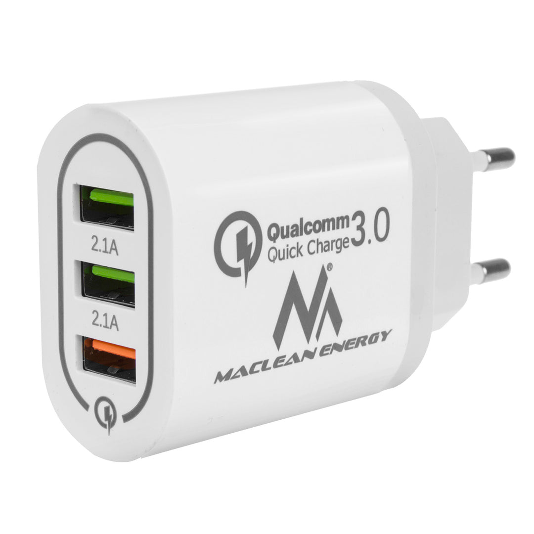 1xQC 3.0 Maclean Energy MCE479 W laddare - vit Qualcomm Quick Charge QC 3.0 - 3.6-6VV / 3A, 6-9V / 2A, 9-12V / 1.5A och 2 uttag 5V / 2.1A