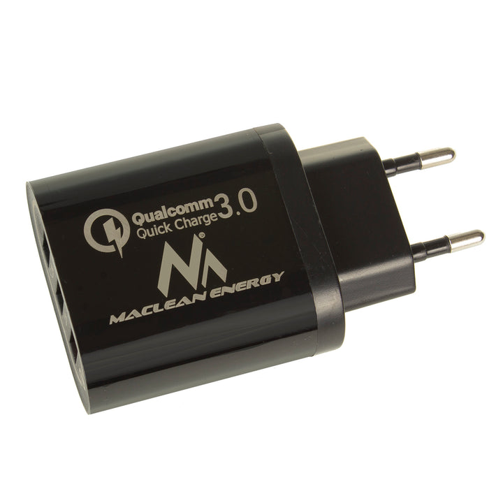 1xQC 3.0 Maclean Energy MCE479 B laddare - svart Qualcomm Quick Charge QC 3.0 - 3.6-6VV / 3A, 6-9V / 2A, 9-12V / 1.5A och 2 uttag 5V / 2.1A