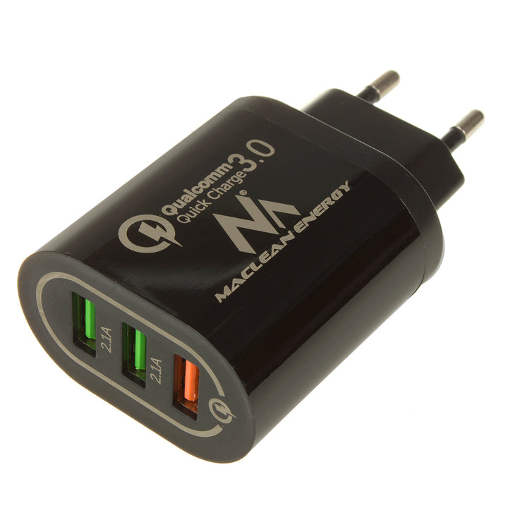 1xQC 3.0 Maclean Energy MCE479 B laddare - svart Qualcomm Quick Charge QC 3.0 - 3.6-6VV / 3A, 6-9V / 2A, 9-12V / 1.5A och 2 uttag 5V ​​/ 2.1A