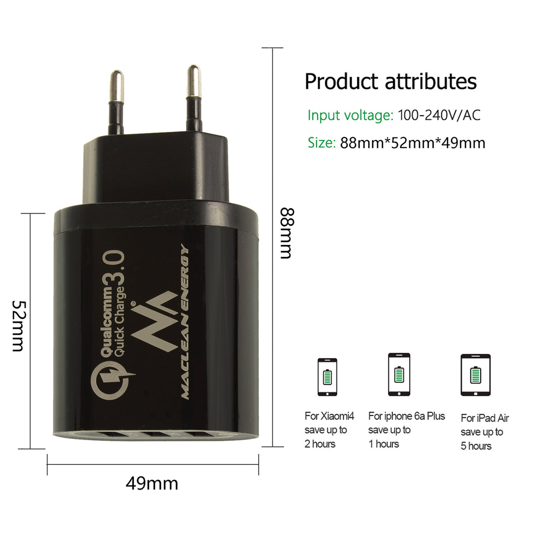 1xQC 3.0 Maclean Energy MCE479 B laddare - svart Qualcomm Quick Charge QC 3.0 - 3.6-6VV / 3A, 6-9V / 2A, 9-12V / 1.5A och 2 uttag 5V ​​/ 2.1A