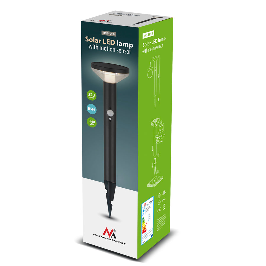 Solar LED-lampa med Maclean-sensor, svart, IP44, 3 ljuslägen, Li-ion 18650 batteri 3,7V 1200 mAh, knock-in, MCE465 B