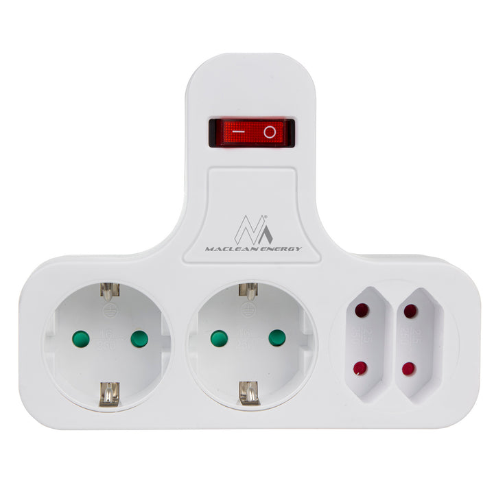 Maclean Power Socket, fyrdubbelt med av/på-knapp, stabiliseringsfot, Schuko typ, 2x2.5A, 2x16A, MCE224