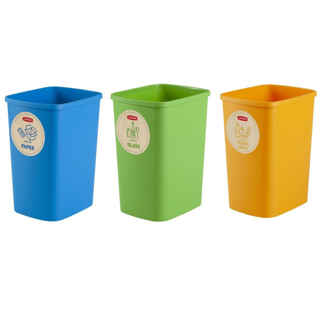 Sats med sorteringskorgar 3x25L Curver ECO Friendly med etiketter