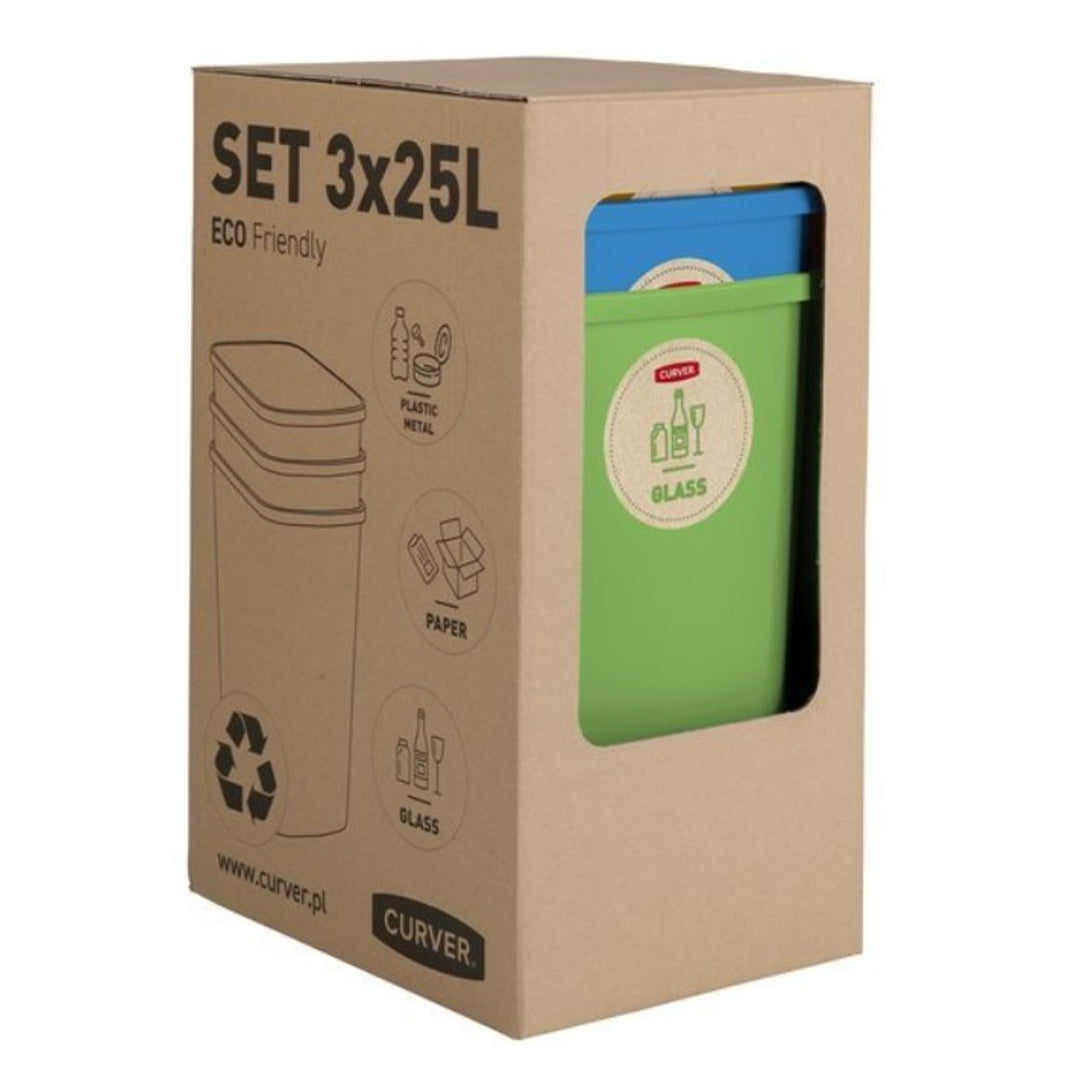 Sats med sorteringskorgar 3x25L Curver ECO Friendly med etiketter