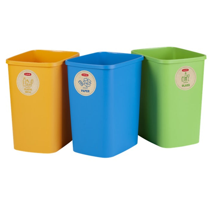 Sats med sorteringskorgar 3x25L Curver ECO Friendly med etiketter