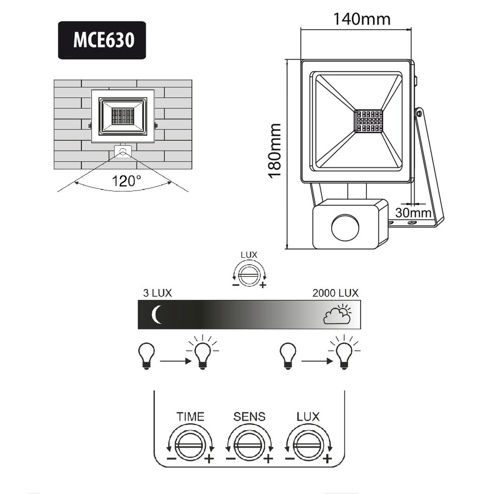 LED-strålkastare med Maclean-rörelsesensor, tunn 30W, 2400lm, kallvit färg (6000K), IP44, MCE630 CW PIR