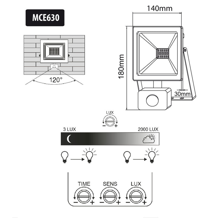 LED-strålkastare med Maclean-rörelsesensor, tunn 30W, 2400lm, kallvit färg (6000K), IP44, MCE630 CW PIR